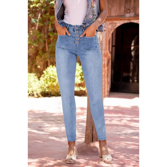 Women's High-Waisted Skinny Jeans Stretch Denim 8 Dark Blue Button Fly - Picture 6 of 6